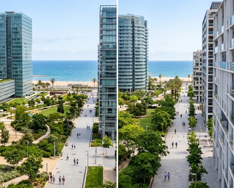 Vistas de las zonas verdes, paseos peatonales y torres residenciales modernas en el Front Marítim del Poblenou